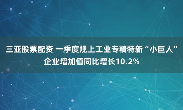 三亚股票配资 一季度规上工业专精特新“小巨人”企业增加值同比增长10.2%